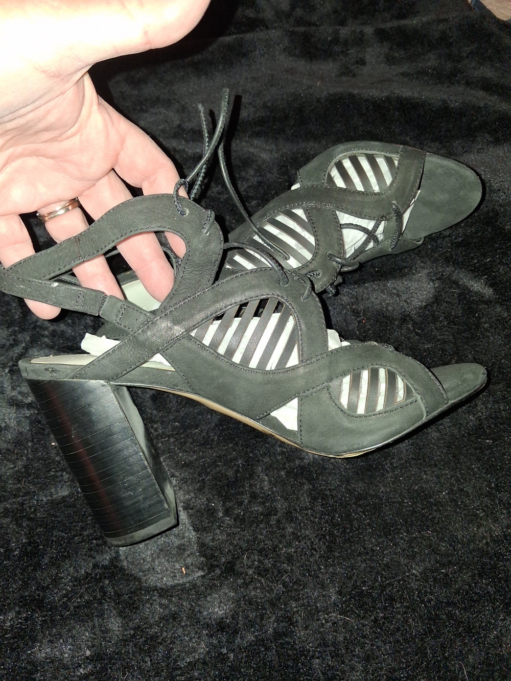 1. State Black Suede Lace-Up Cutout Block Heel Sandals